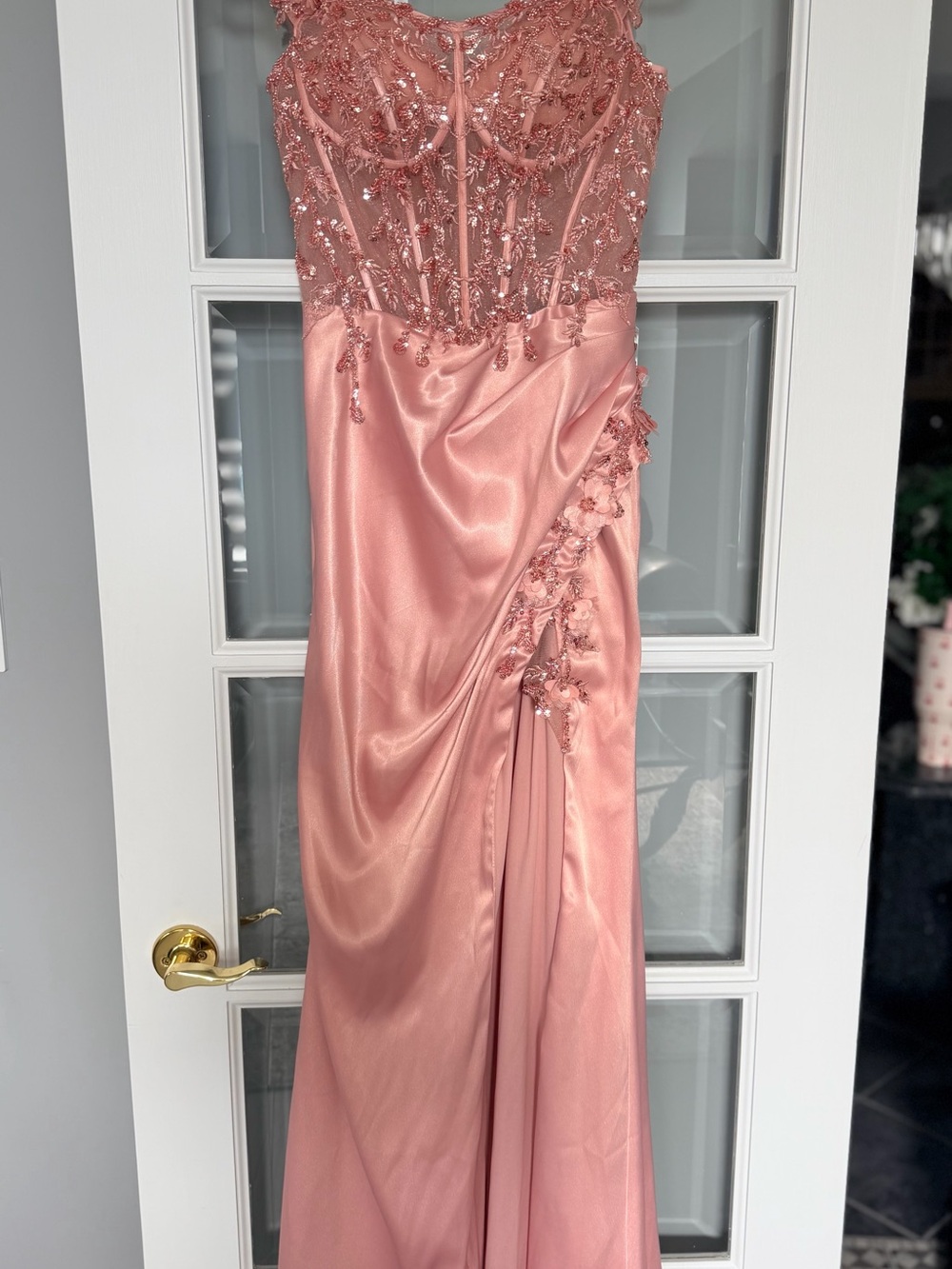 Cinderella Rose Pink Beaded Satin Prom Gown